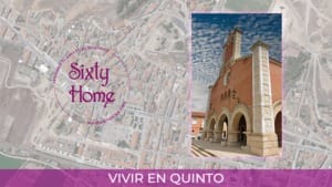Iglesia de Quinto sobre una vista aérea del pueblo, en la Ribera Baja del Ebro